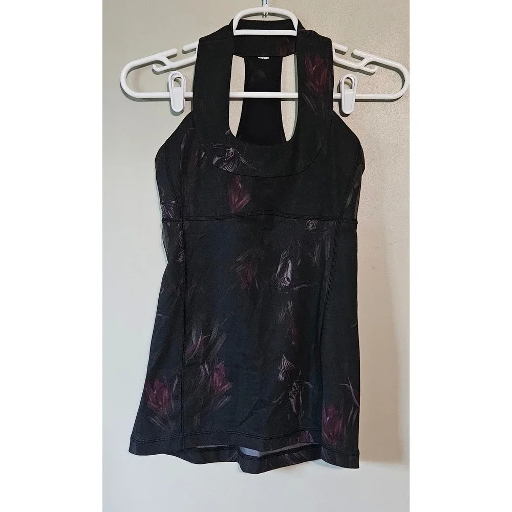 Lululemon Floral Racerback Tank Top with‎ Built-in Shelf Bra Black Purple Womens